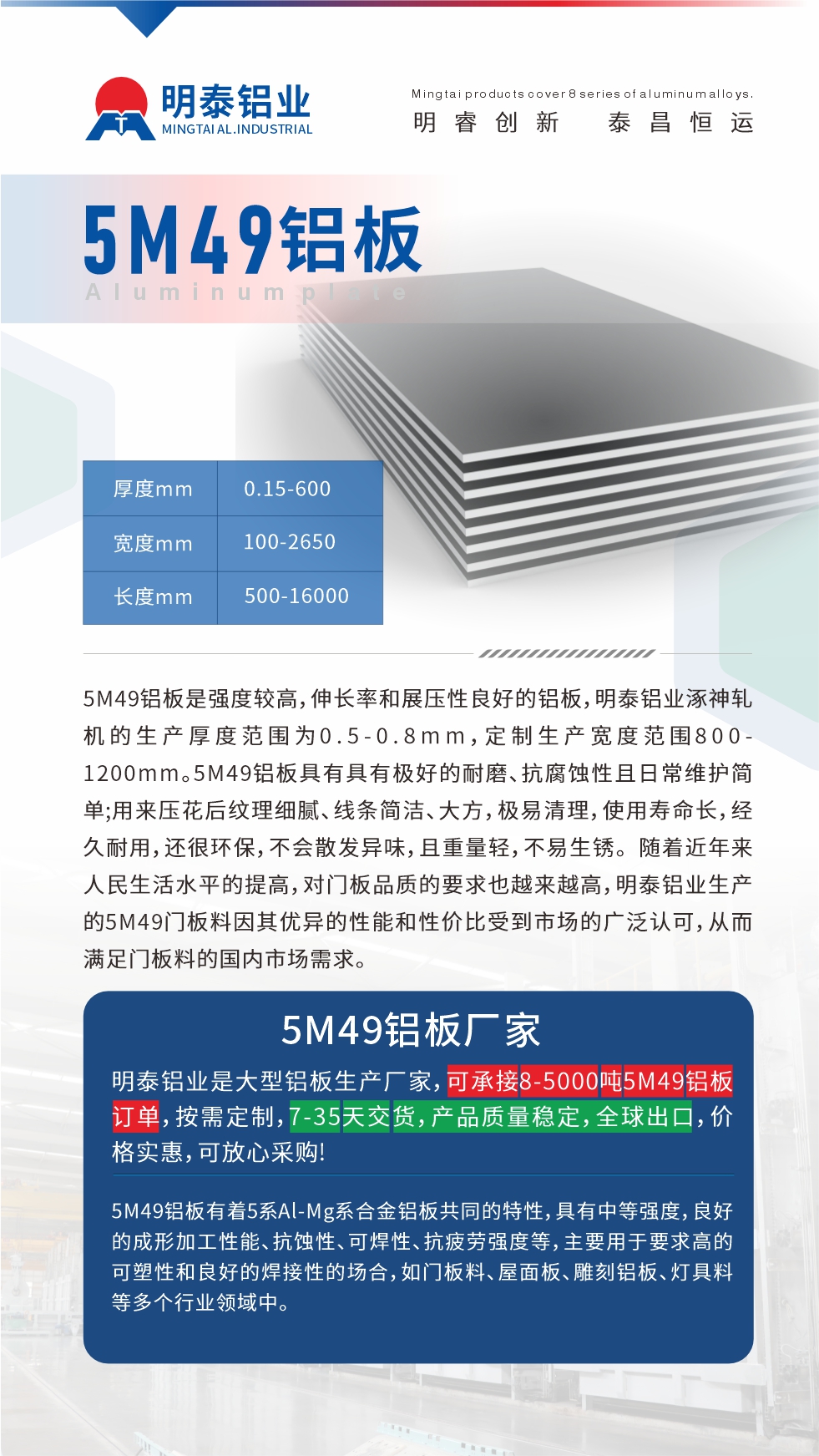 5M49鋁板是強度較高，伸長率和展壓性良好的鋁板，明泰鋁業(yè)涿神軋機的生產厚度范圍為0.5-0.8mm，定制生產寬度范圍800-1200mm。5M49鋁板具有具有極好的耐磨、抗腐蝕性且日常維護簡單;用來壓花后紋理細膩、線條簡潔、大方，極易清理，使用壽命長，經(jīng)久耐用，還很環(huán)保，不會散發(fā)異味，且重量輕，不易生銹。 隨著近年來人民生活水平的提高，對門板品質的要求也越來越高，明泰鋁業(yè)生產的5M49門板料因其優(yōu)異的性能和性價比受到市場的廣泛認可，從而滿足門板料的國內市場需求。
