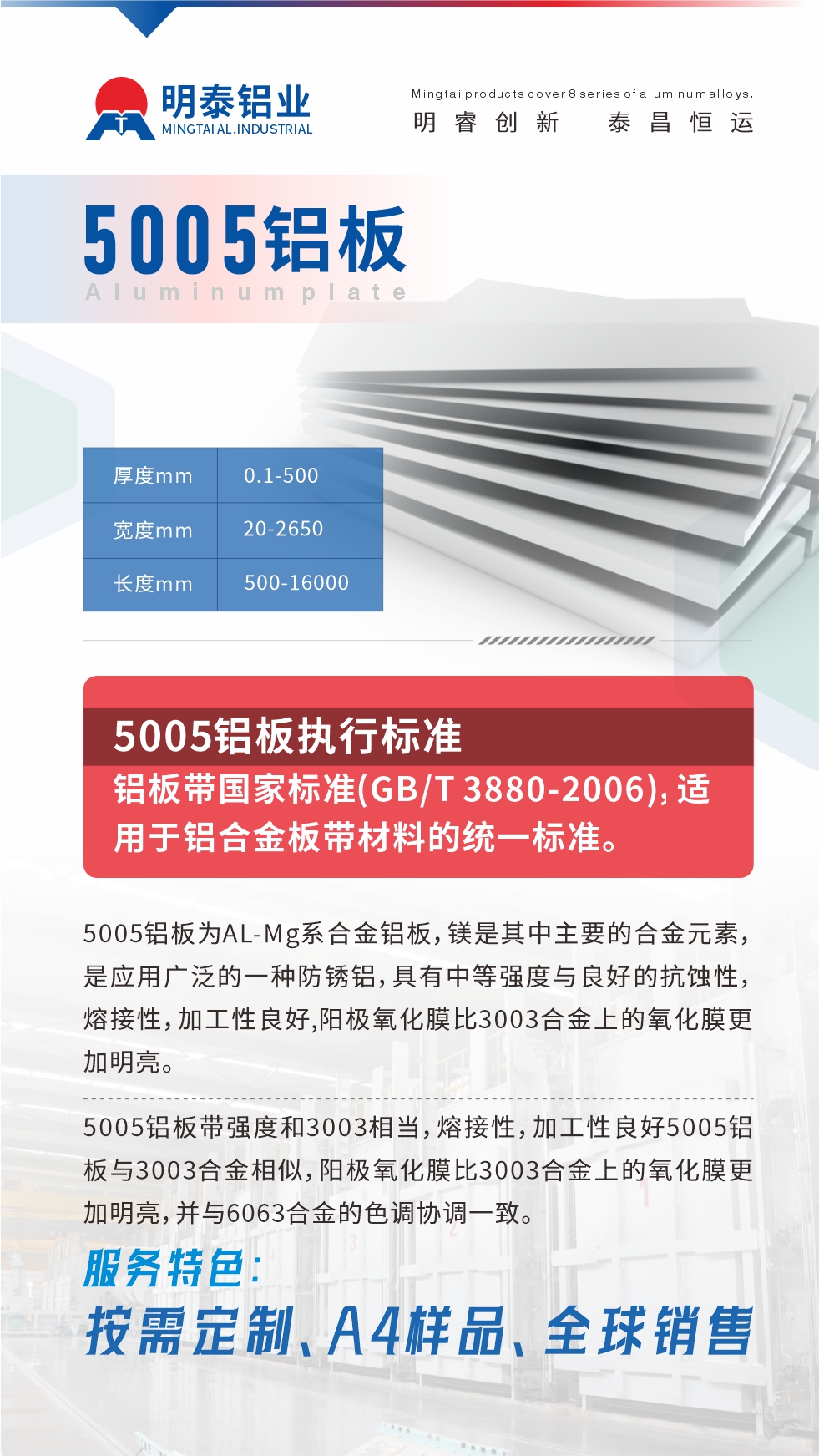 產(chǎn)品介紹

5005鋁板為AL-Mg系合金鋁板，鎂是其中主要的合金元素，是應(yīng)用廣泛的一種防銹鋁，具有中等強(qiáng)度與良好的抗蝕性，熔接性，加工性良好,陽極氧化膜比3003合金上的氧化膜更加明亮。

5005鋁板帶強(qiáng)度和3003相當(dāng)，熔接性，加工性良好5005鋁板與3003合金相似，陽極氧化膜比3003合金上的氧化膜更加明亮，并與6063合金的色調(diào)協(xié)調(diào)一致。服務(wù)特色：按需定制、A4樣品、全球銷售!


