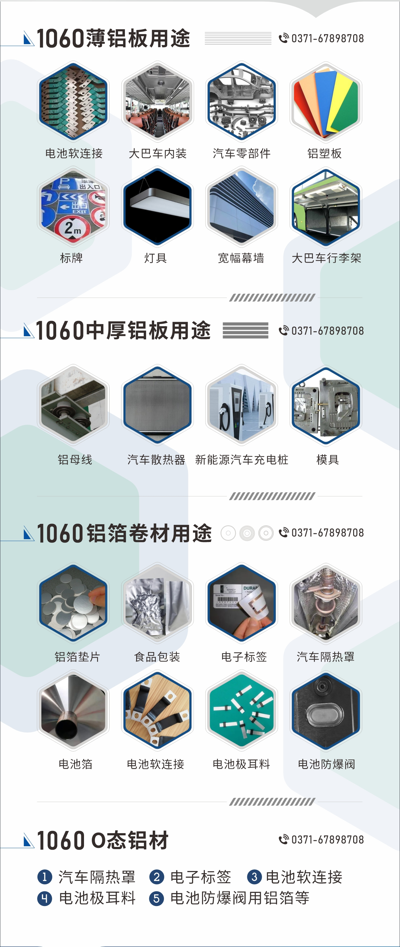 1060鋁板卷用途
　　1060鋁薄板用途： 電池軟連接、大巴車(chē)內(nèi)裝、汽車(chē)零部件、鋁塑板、標(biāo)牌、燈具、寬幅幕墻、大巴車(chē)行李架/地板/花紋板(宇通公司使用)等;1060中厚鋁板用途：鋁母線(xiàn)、汽車(chē)散熱器、新能源汽車(chē)充電樁、模具等;1060鋁箔卷材用途：鋁箔墊片、食品包裝、電子標(biāo)簽、汽車(chē)隔熱罩用鋁箔、電池箔、電池軟連接、電池極耳料、電池防爆閥等;1060-O態(tài)鋁材用途：汽車(chē)隔熱罩、電子標(biāo)簽、電池軟連接、電池極耳料、電池防爆閥用鋁箔等;1060鋁板多少錢(qián)1噸.1060鋁板價(jià)格=發(fā)貨當(dāng)天長(zhǎng)江鋁錠價(jià)+加工費(fèi)