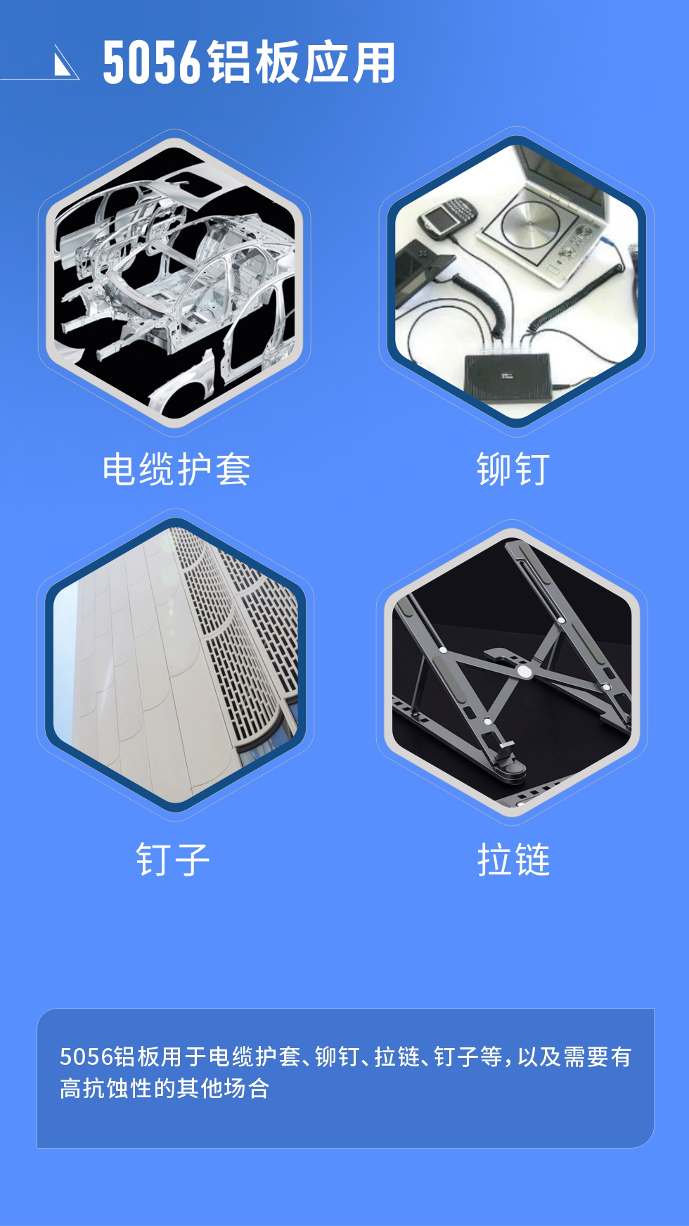 市場應用
　　5056鋁板用于電纜護套、鉚釘、拉鏈、釘子等，以及需要有高抗蝕性的其他場合。
　　5056鋁板生產廠家
　　明泰鋁業(yè)支持定做，為用戶合理推薦更合理產品規(guī)格，并提供優(yōu)惠報價，讓您選購無憂。
　　明泰鋁業(yè)是一家集科研、加工、制造為一體的大型現(xiàn)代化鋁加工企業(yè)。公司可生產1-8系鋁板帶箔產品，規(guī)格齊全。