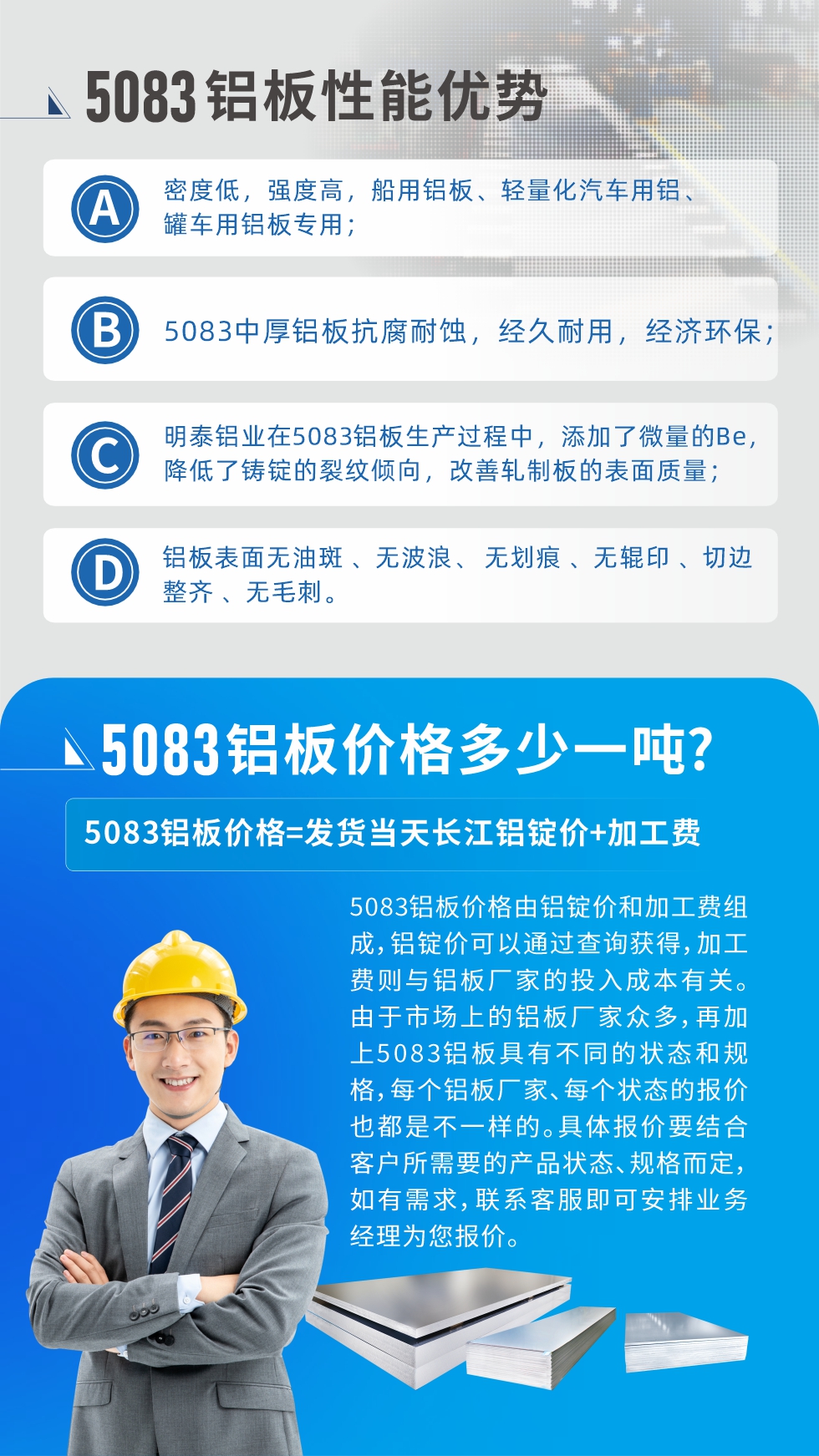 5083鋁板性能優(yōu)勢:1、密度低，強度高，船用鋁板、輕量化汽車用鋁、罐車用鋁板專用；2、5083中厚鋁板抗腐耐蝕，經(jīng)久耐用，經(jīng)濟環(huán)保；3、明泰鋁業(yè)在5083鋁板生產(chǎn)過程中，添加了微量的Be，降低了鑄錠的裂紋傾向，改善軋制板的表面質(zhì)量；4、鋁板表面無油斑 、無波浪、 無劃痕 、無輥印 、切邊整齊 、無毛刺。
5083鋁板價格信息:5083鋁板價格由鋁錠價和加工費組成，鋁錠價可以通過查詢獲得，加工費則與鋁板廠家的投入成本有關(guān)。由于市場上的鋁板廠家眾多，再加上5083鋁板具有不同的狀態(tài)和規(guī)格，每個鋁板廠家、每個狀態(tài)的報價也都是不一樣的。具體報價要結(jié)合客戶所需要的產(chǎn)品狀態(tài)、規(guī)格而定，如有需求，聯(lián)系客服即可安排業(yè)務(wù)經(jīng)理為您報價。
5083鋁板價格=發(fā)貨當天長江鋁錠價+加工費。
5083鋁板廠家:河南明泰鋁業(yè)生產(chǎn)5083鋁合金薄板、5083熱鋁板、5083中厚鋁板、5083船用鋁板、5083花紋鋁板等等，按需定制生產(chǎn)，規(guī)格齊全，歡迎來廠考察參觀，更多相關(guān)產(chǎn)品詳細信息和優(yōu)惠報價，可點擊右側(cè)在線咨詢，也可撥打咨詢電話：0371-67898708快速獲取!
