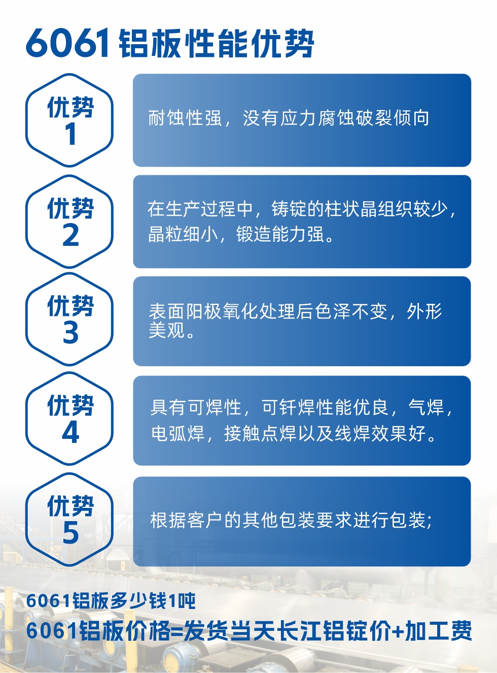 明泰鋁業(yè)6061鋁板性能優(yōu)勢(shì)

　　1、耐蝕性強(qiáng)，沒有應(yīng)力腐蝕破裂傾向。

　　2、在生產(chǎn)過程中，鑄錠的柱狀晶組織較少，晶粒細(xì)小，鍛造能力強(qiáng)。

　　3、表面陽極氧化處理后色澤不變，外形美觀。

4、具有可焊性，可釬焊性能優(yōu)良，氣焊，電弧焊，接觸點(diǎn)焊以及線焊效果好。