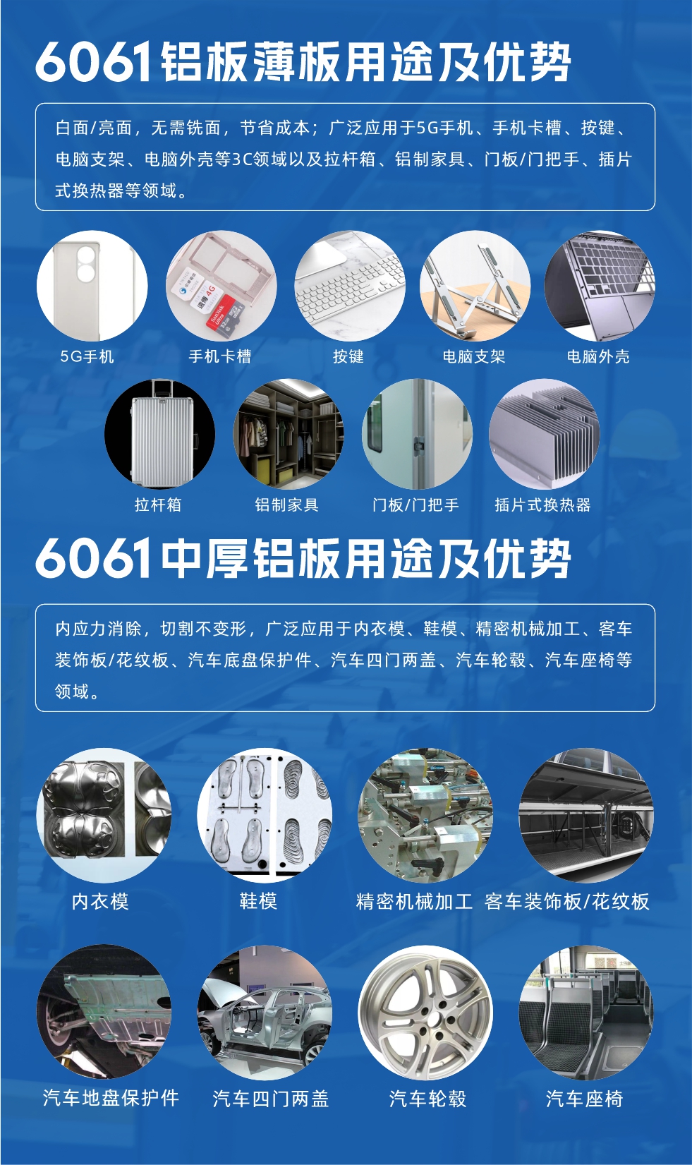 6061鋁板薄板用途及優(yōu)勢(shì):白面/亮面，無需銑面，節(jié)省成本；廣泛應(yīng)用于5G手機(jī)、手機(jī)卡槽、按鍵、電腦支架、電腦外殼等3C領(lǐng)域以及拉桿箱、鋁制家具、門板/門把手、插片式換熱器等領(lǐng)域。
6061中厚鋁板用途及優(yōu)勢(shì):內(nèi)應(yīng)力消除，切割不變形，廣泛應(yīng)用于內(nèi)衣模、鞋模、精密機(jī)械加工、客車裝飾板/花紋板、汽車底盤保護(hù)件、汽車四門兩蓋、汽車輪轂、汽車座椅等領(lǐng)域。
