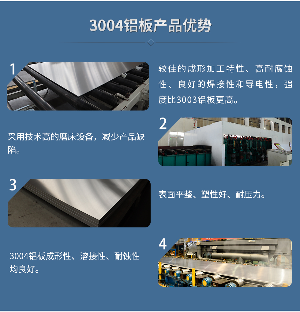 3004鋁板產(chǎn)品優(yōu)勢
　　1、較佳的成形加工特性、高耐腐蝕性、良好的焊接性和導(dǎo)電性，強(qiáng)度比3003鋁板更高。
　　2、采用技術(shù)高的磨床設(shè)備，減少產(chǎn)品缺陷。
　　3、表面平整、塑性好、耐壓力。
　　明泰3004鋁板優(yōu)勢
　　1、3004鋁板成形性、溶接性、耐蝕性均良好。
　　2、好的成形加工特性、高耐腐蝕性、良好的焊接性和導(dǎo)電性，強(qiáng)度比3003鋁板更高。
　　3、3004鋁板表面平整、塑性好、耐壓力;
　　4、采用國際先進(jìn)的磨床設(shè)備，減少產(chǎn)品缺陷。