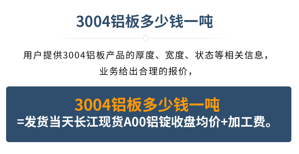 3004鋁板多少錢一噸
　　用戶提供3004鋁板產(chǎn)品的厚度、寬度、狀態(tài)等相關(guān)信息，業(yè)務(wù)給出合理的報(bào)價(jià)，
　　3004鋁板多少錢一噸=發(fā)貨當(dāng)天長江現(xiàn)貨A00鋁錠收盤均價(jià)+加工費(fèi)。
　  3004鋁板生產(chǎn)廠家_明泰鋁業(yè)
